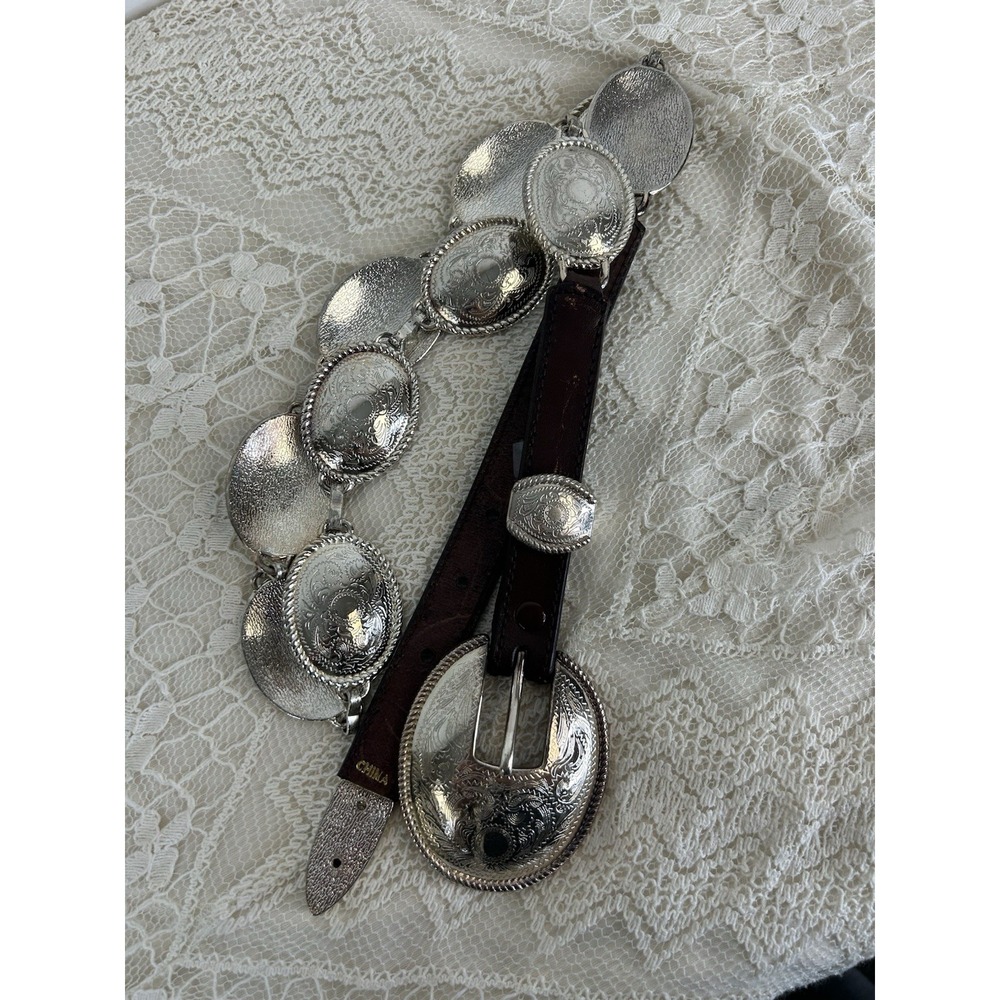 Tony Lama Leather Concho Belt Brown Silver Plated Size 36 Western Cowgirl Boho